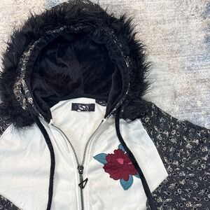 Women's Medium Y2K Grunge Zip Hoodie Streetwear Fur Hood Soft Lined